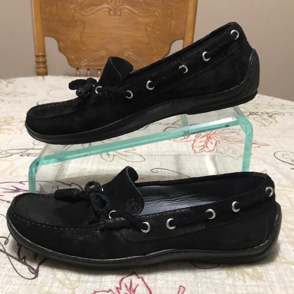 Donald J Pliner Ezara Italy Black Suede Leather Slip On Flat Boat Shoes Womens 8